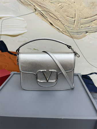 VALENTINO GARAVANI LOCÒ CALFSKIN SHOULDER SMALL BAG SILVER 22 x 16  x 7 cm