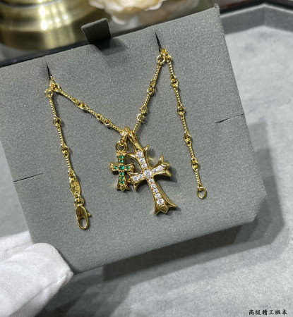 chrome heart double cross green Di*m*nd necklace