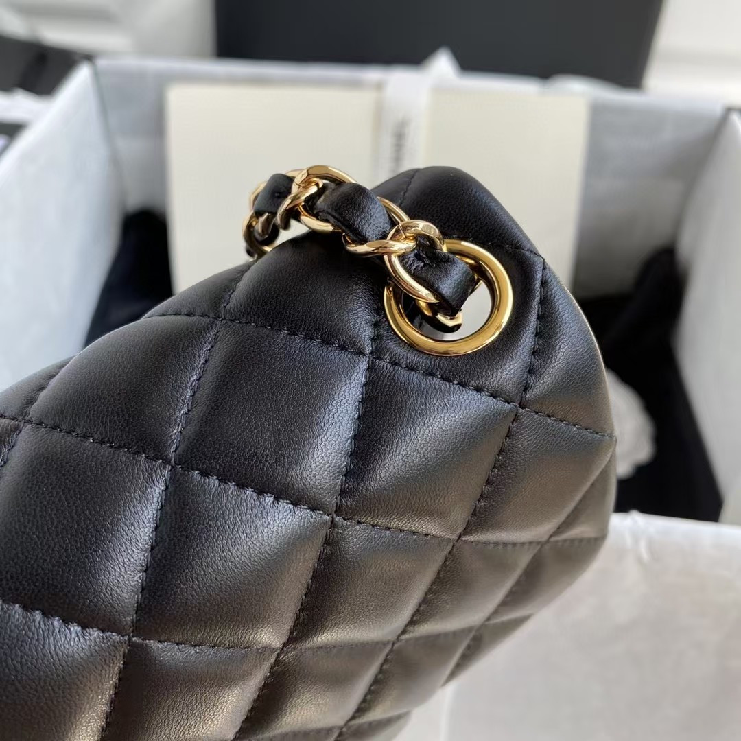 Ch*el mini classic handbag lambskin & gold-tone metal black 5.3 × 6.6 × 3.1 in