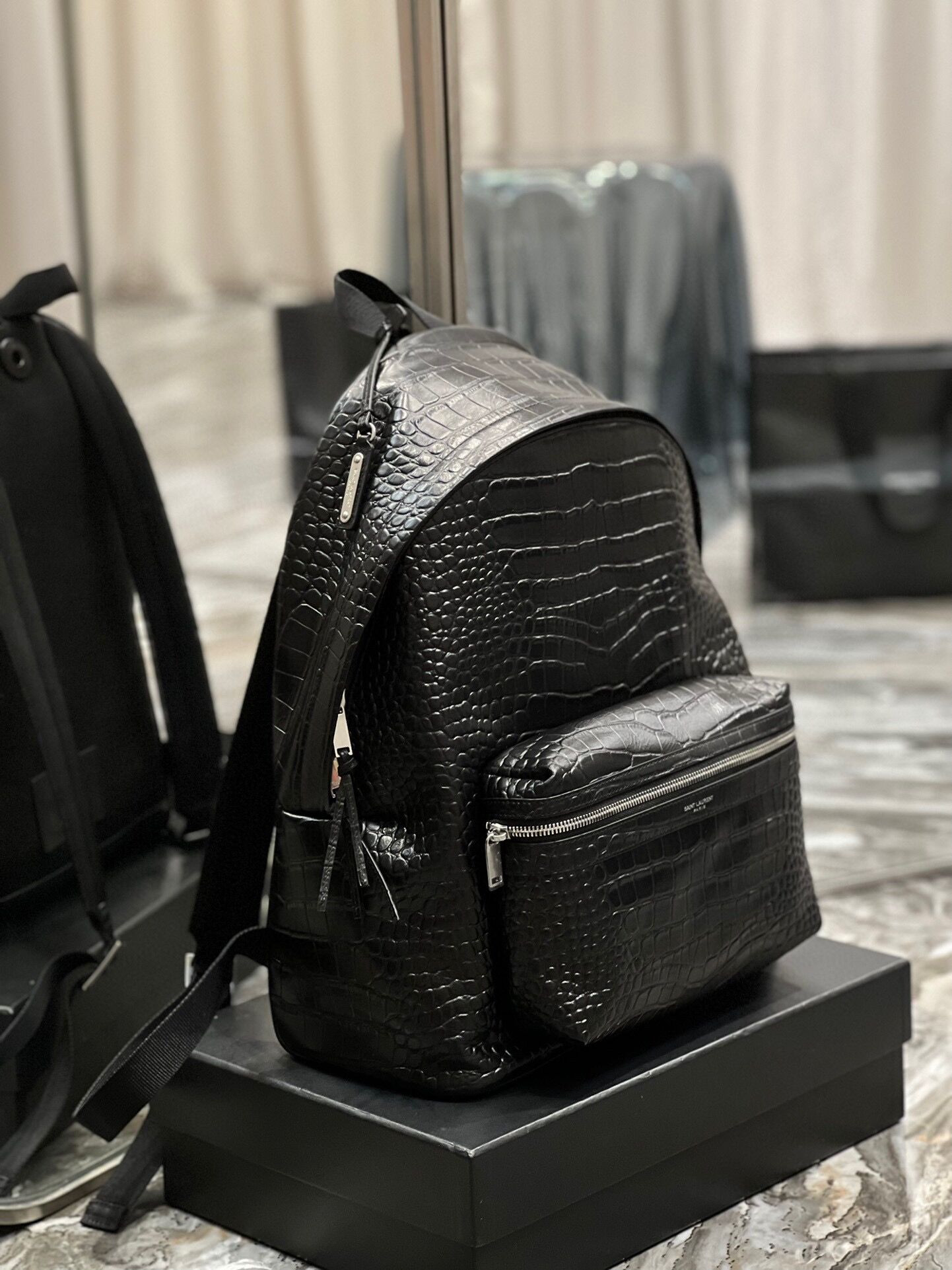 Y*L city backpack in crocodile-embossed leather 12.2 x 16.1 x 8.6 inches