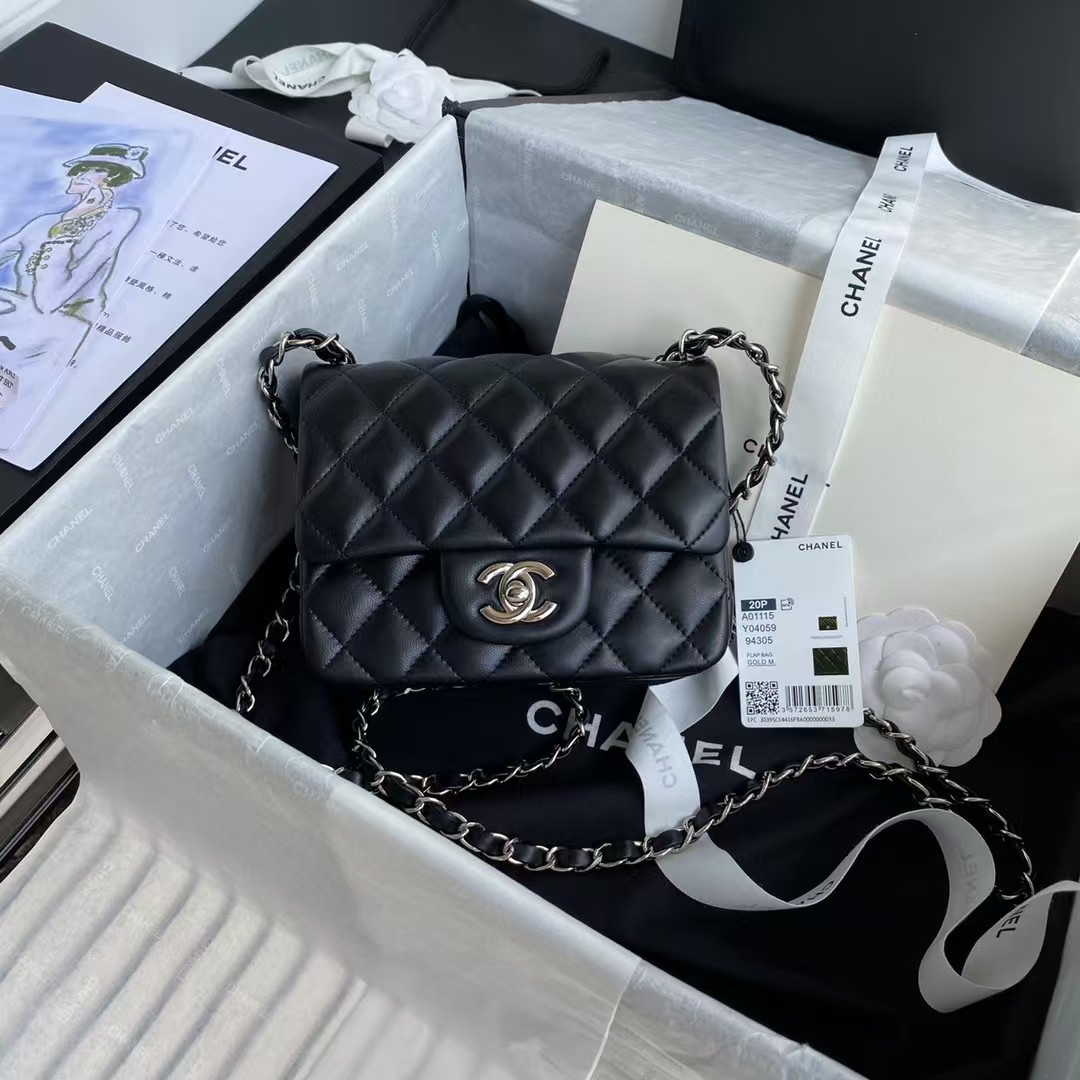 Ch*el mini classic handbag lambskin & silver-tone metal black 13.5x 17x8cm