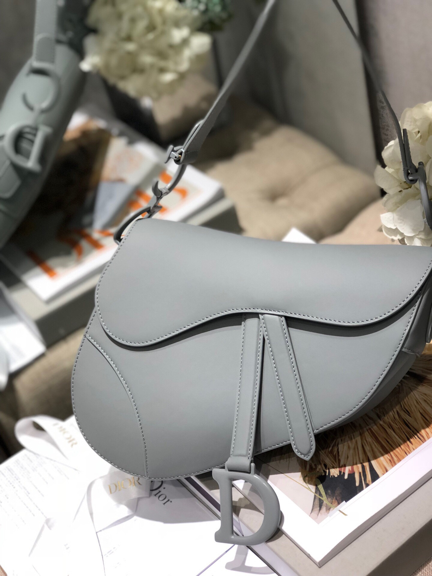 D*or saddle bag placid blue smooth calfskin 25.5x20x6.5cm
