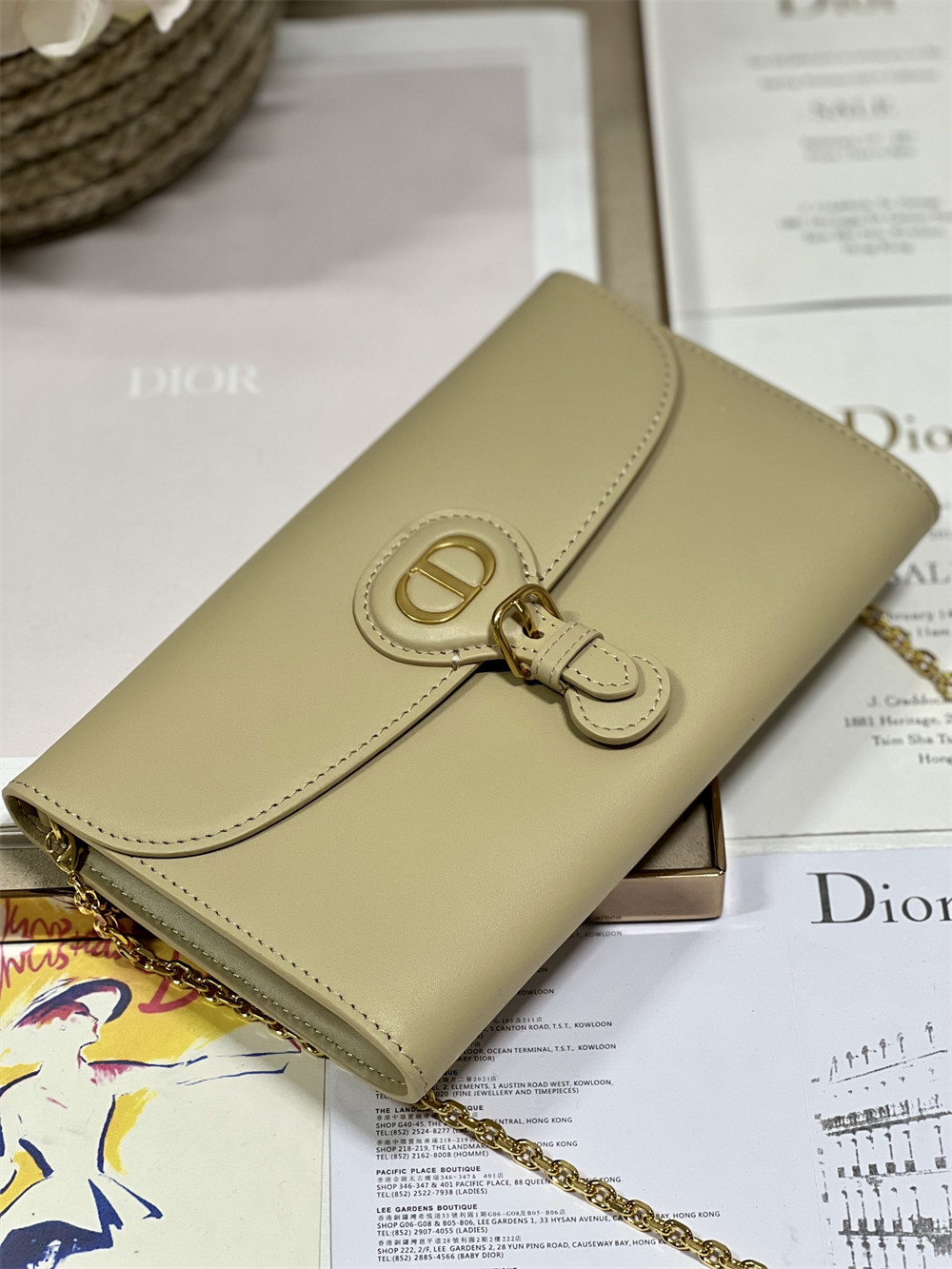 D*or bobby east-west pouch with chain latte smooth calfskin apricot