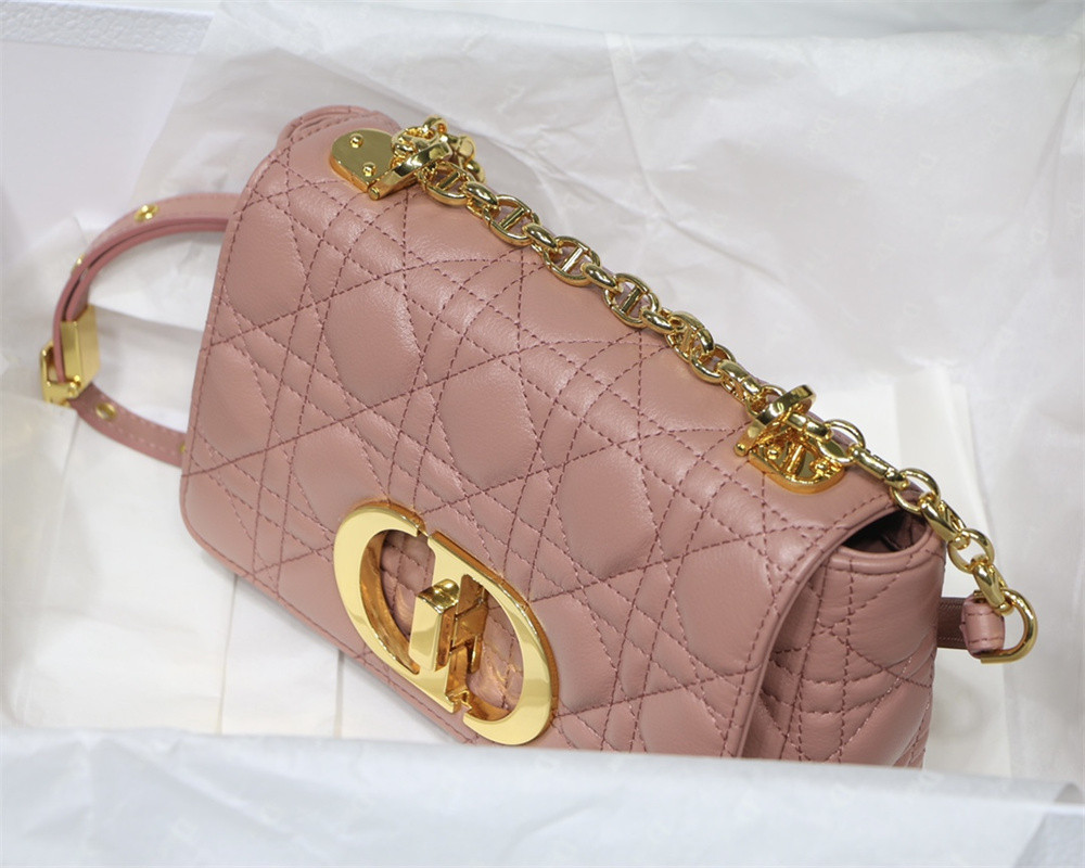 small d*or caro bag pink S*pple cannage calfskin with silver hardware 20 x 12 x 7 cm