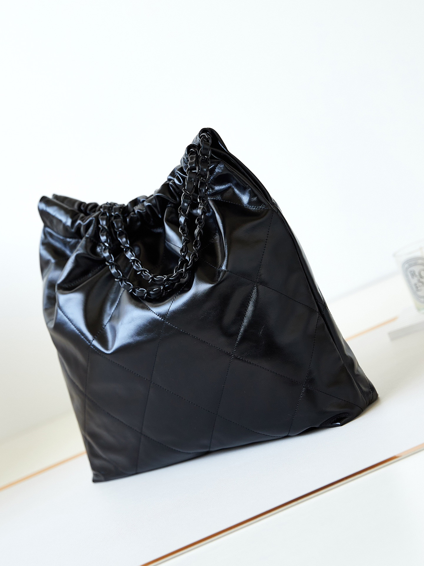 Ch*el 22 handbag shiny calfskin all black 15.2×16.4×3.1 in