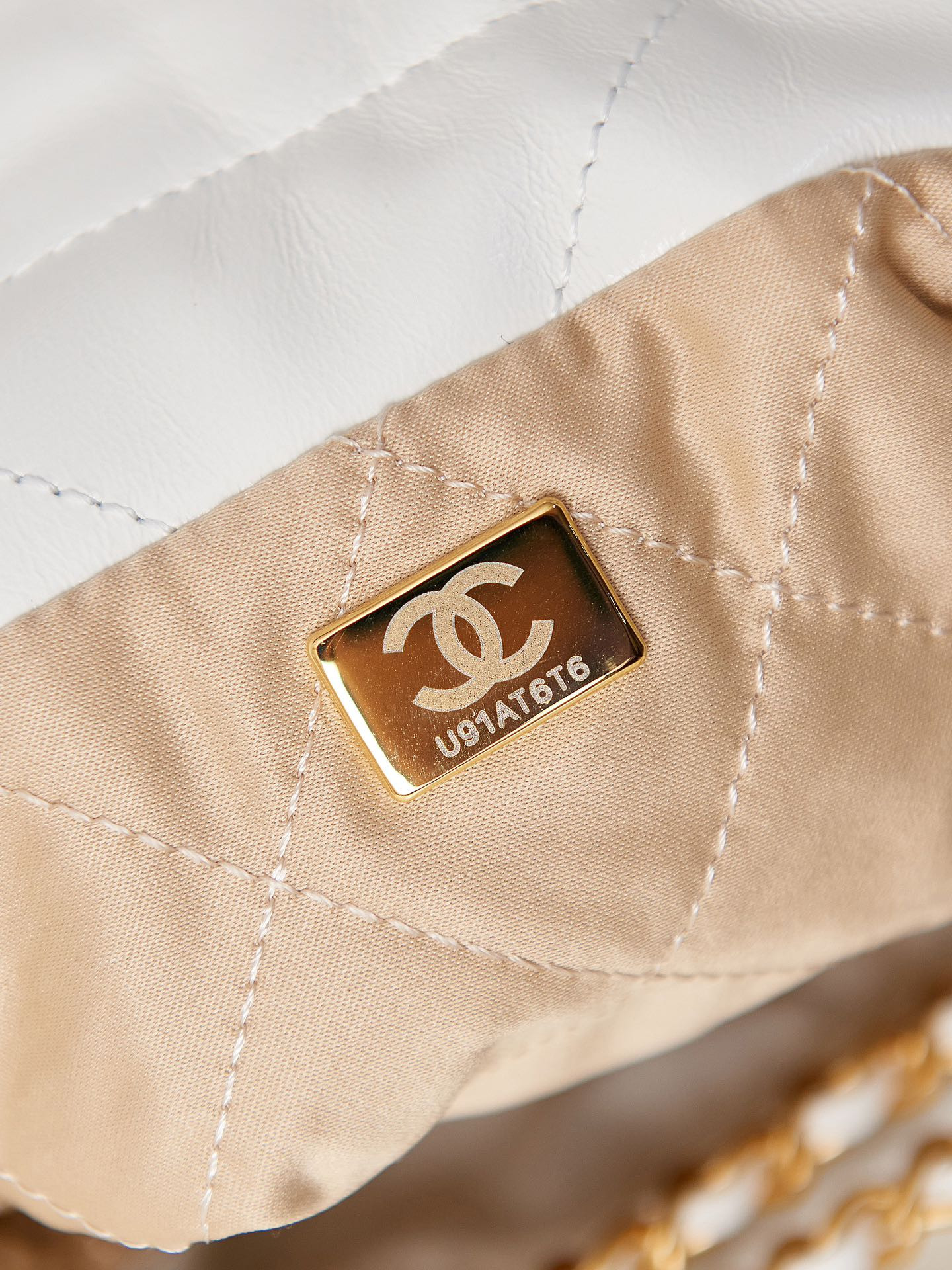 Ch*el 22 mini handbag shiny calfskin & gold-tone metal white 7.8 × 7.4 × 2.3 in