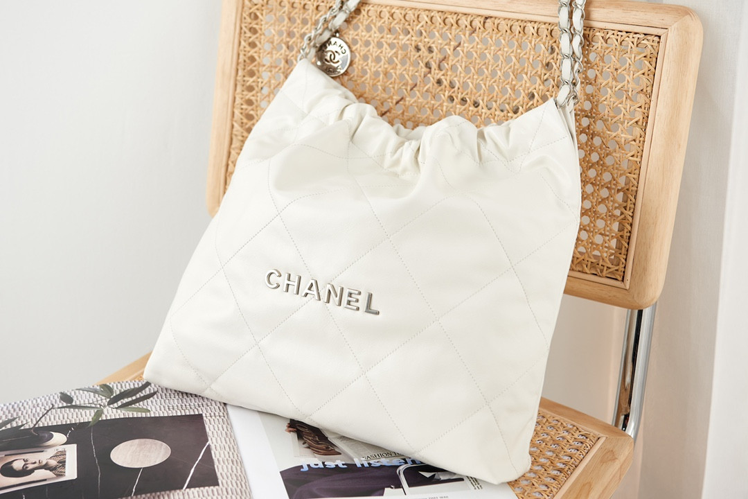 Ch*el 22 handbag metallic shaded calfskin & silver-tone metal white 15.2×16.4×3.1 in