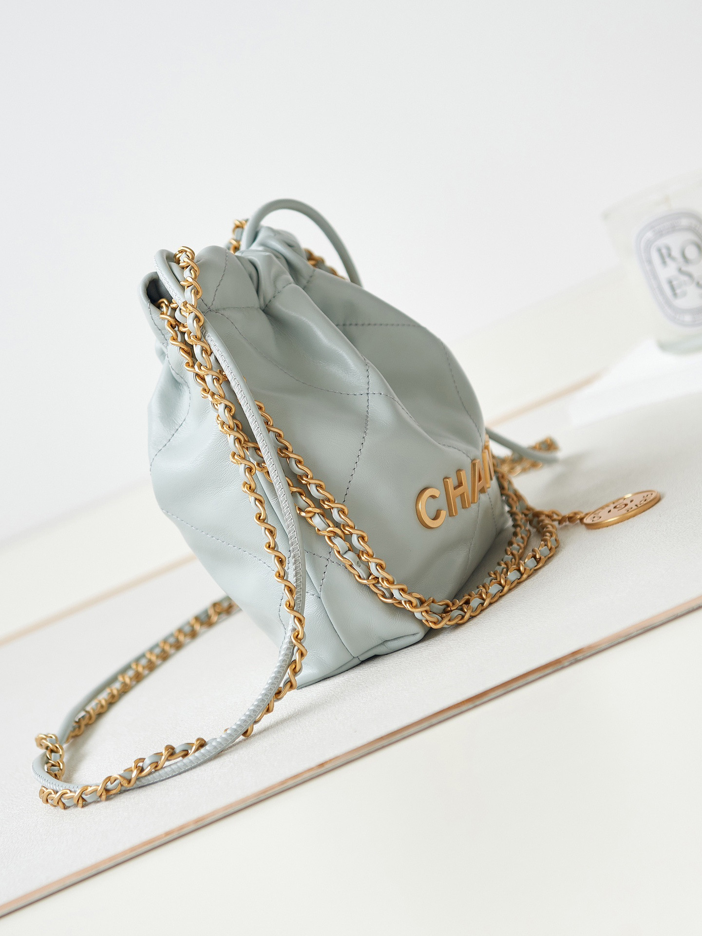 Ch*el 22 mini handbag shiny calfskin light blue 7.8 × 7.4 × 2.3 in
