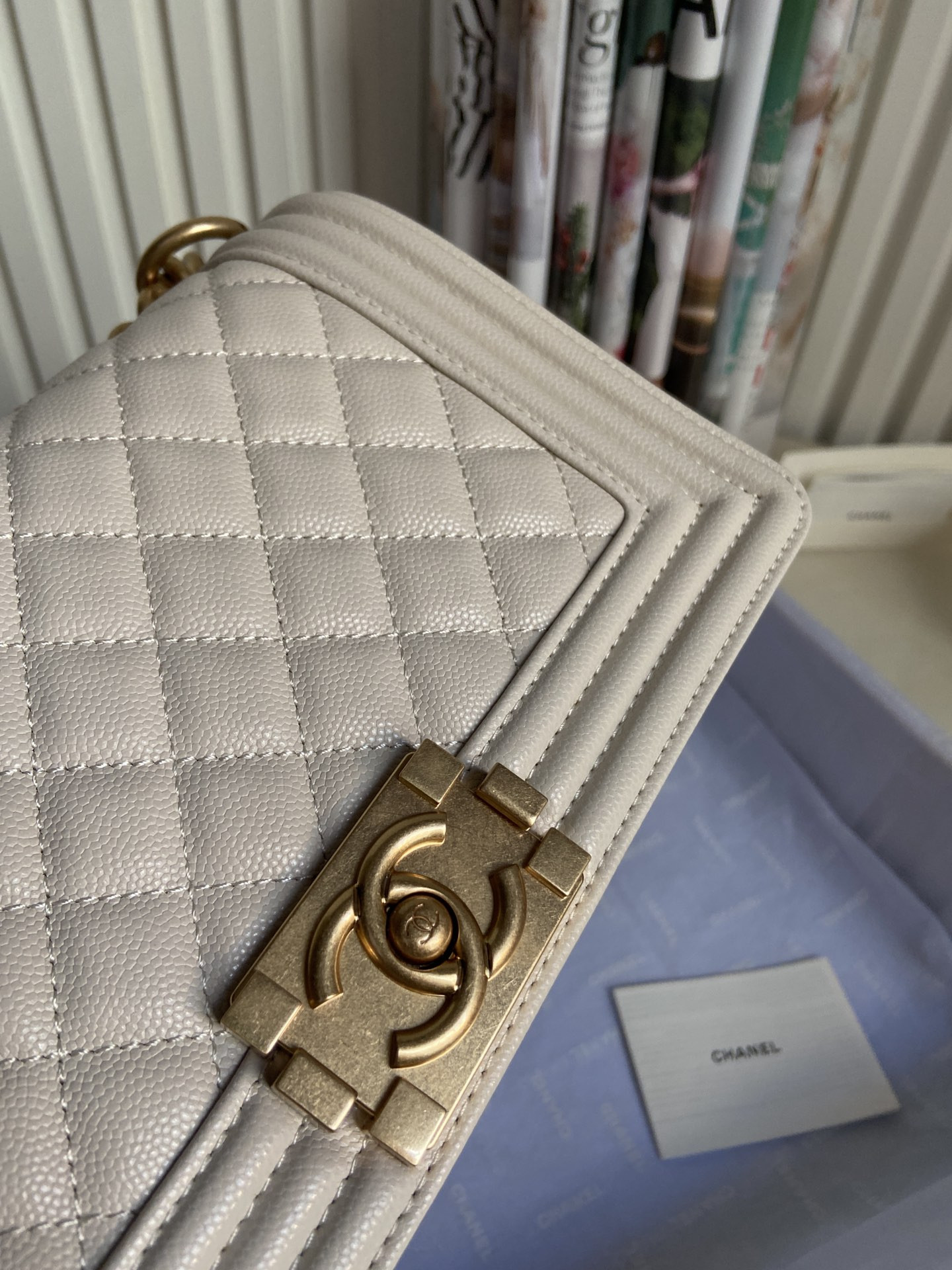 boy Ch*el handbag shiny grained calfskin & gold-tone metal beige 5.9 × 9.8 × 3.5 in