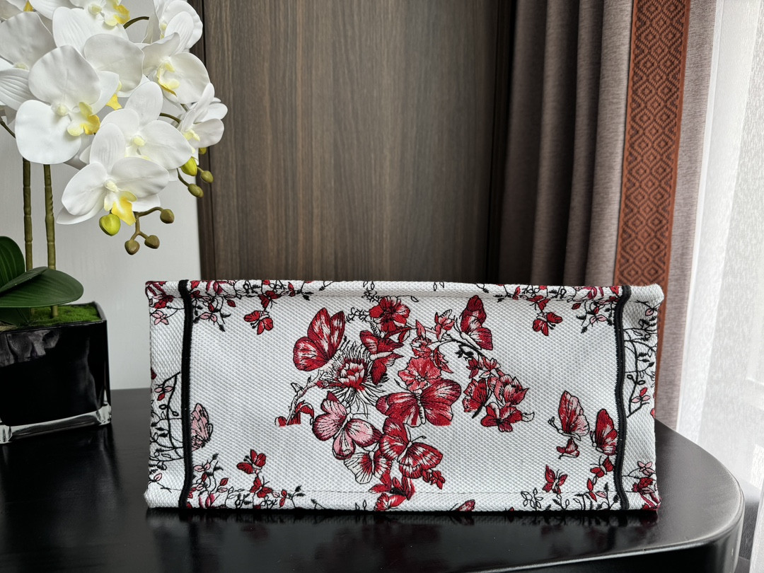 medium D*or book tote  white and red le cœur des papillons embroidery 14 x 11 x 6.5 inches