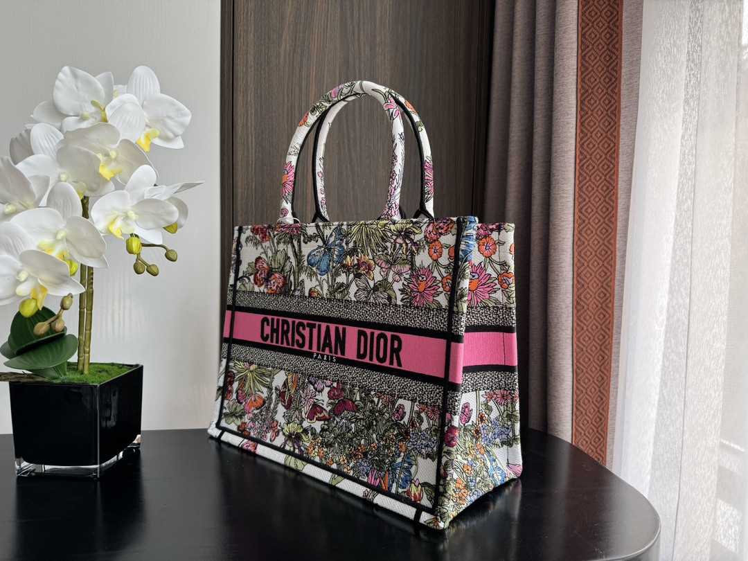 medium D*or book tote  white multicolor mexico millefiori embroidery 14 x 11 x 6.5 inches