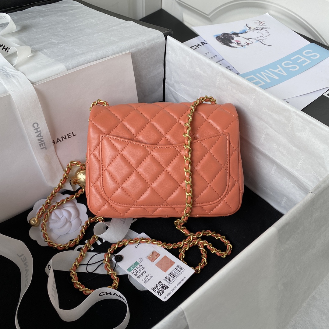 Ch*el mini flap bag shiny calfskin & gold-tone metal orange 5.3 × 6.6 × 3.1 in