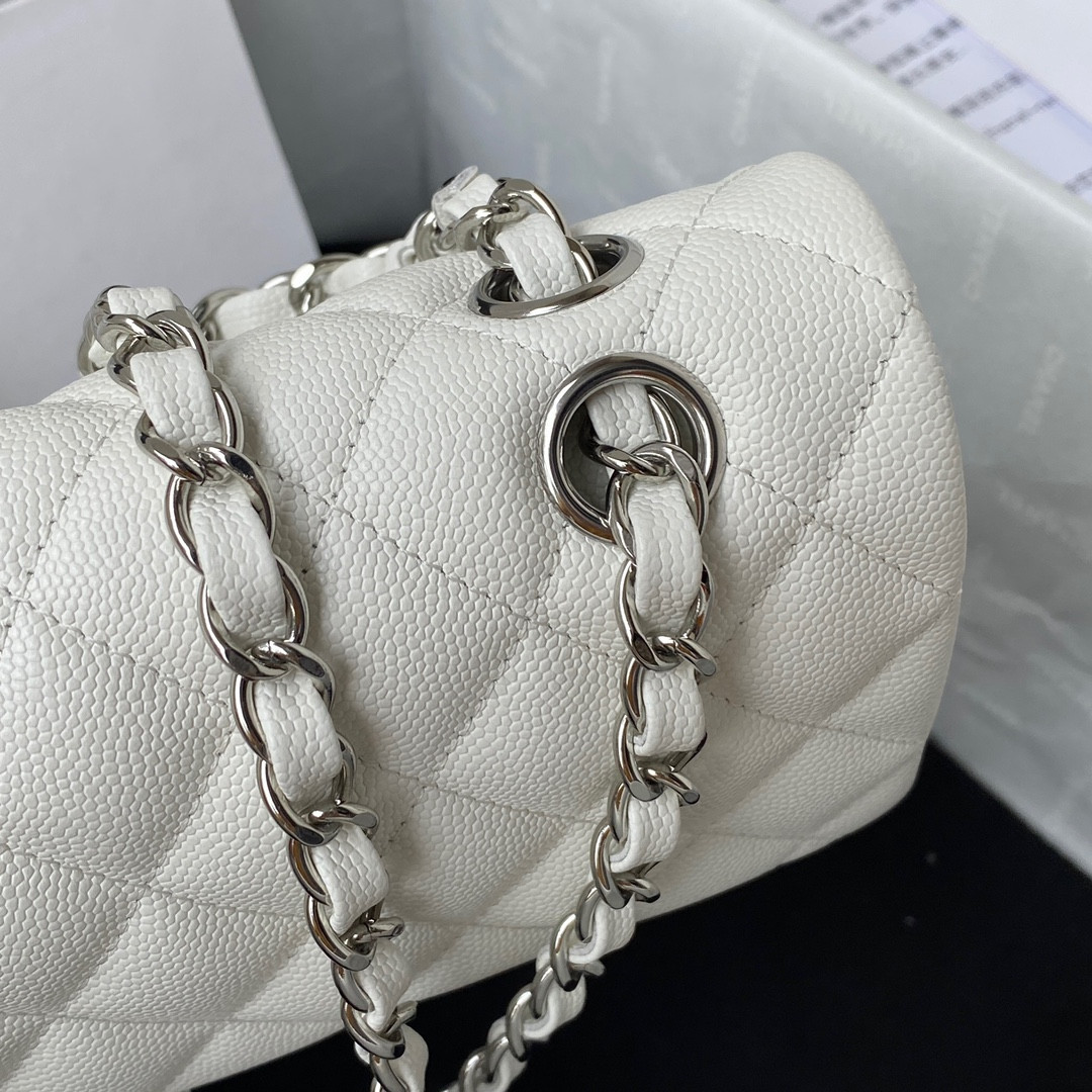 Ch*el small classic handbag grained calfskin & silver-tone metal white 5.7 × 9 × 2.3 in
