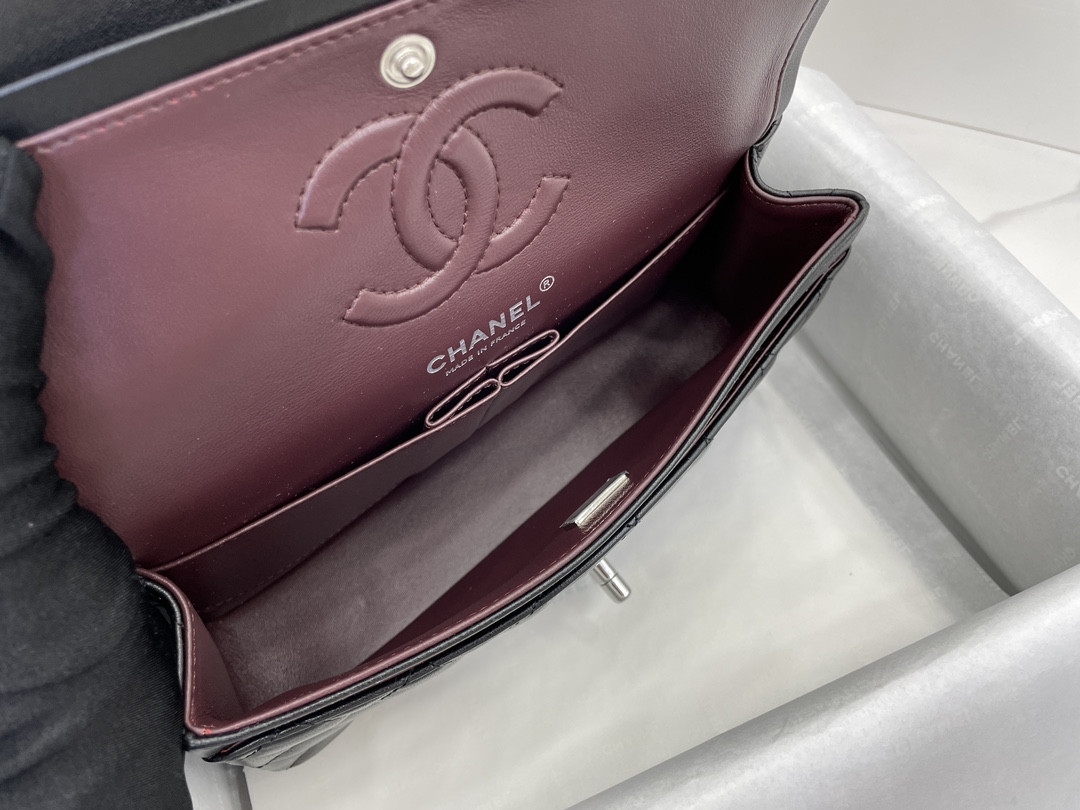 Ch*el small classic handbag grained shiny calfskin & silver-tone metal black 5.7 × 9 × 2.3 in