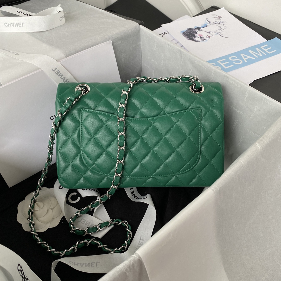 Ch*el small classic handbag grained shiny calfskin & silver-tone metal green 5.7 × 9 × 2.3 in