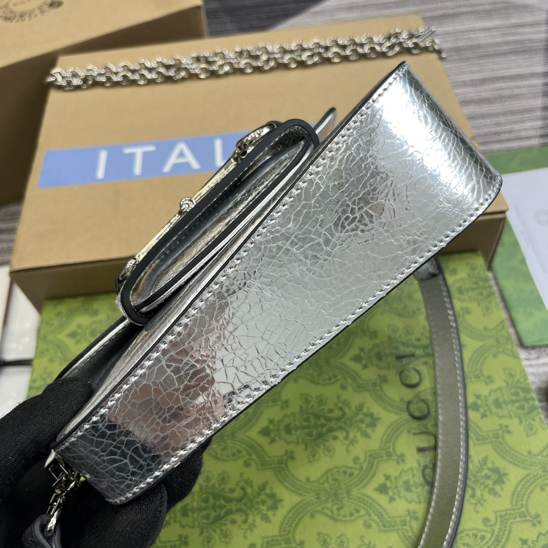 G*u*i horsebit 1955 mini shoulder bag silver 7.7"w x 5-3.1"h x 2.4-1.2"d