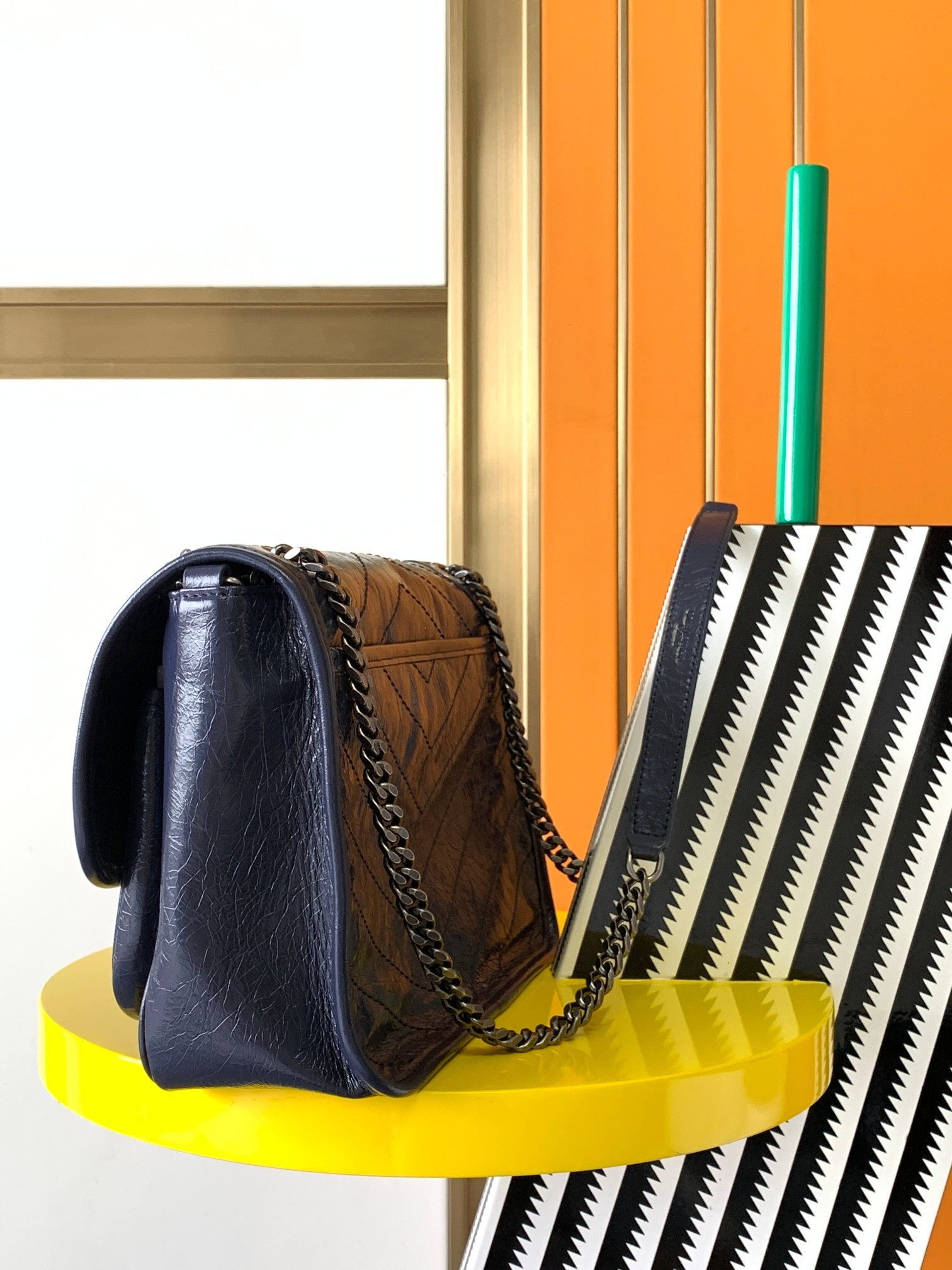 Y*L niki medium in vintage leather navy 11 x 7.8 x 3.3 inches