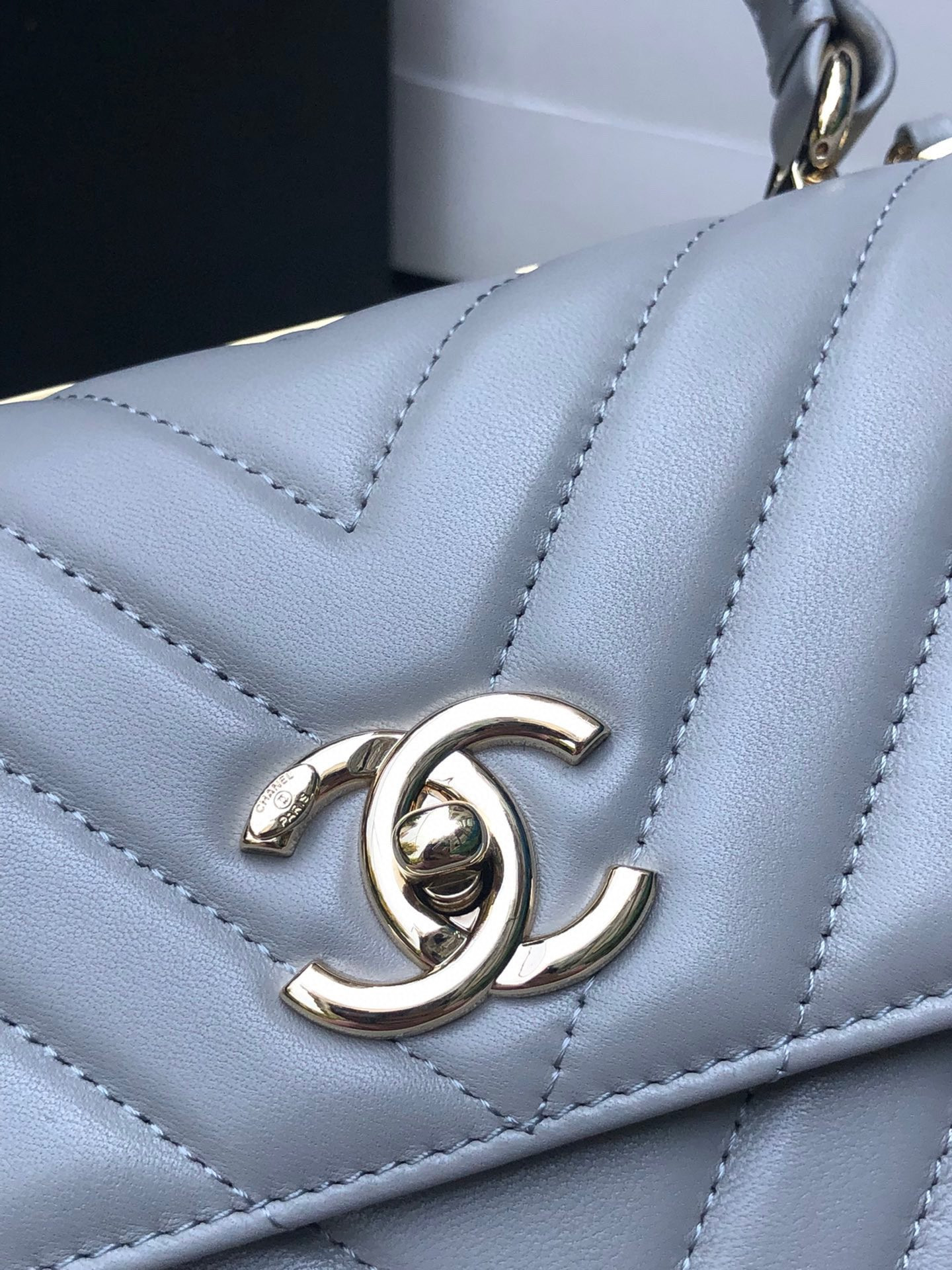 Ch*el flap bag with top handle gray 6.6 × 9.8 × 4.7 in