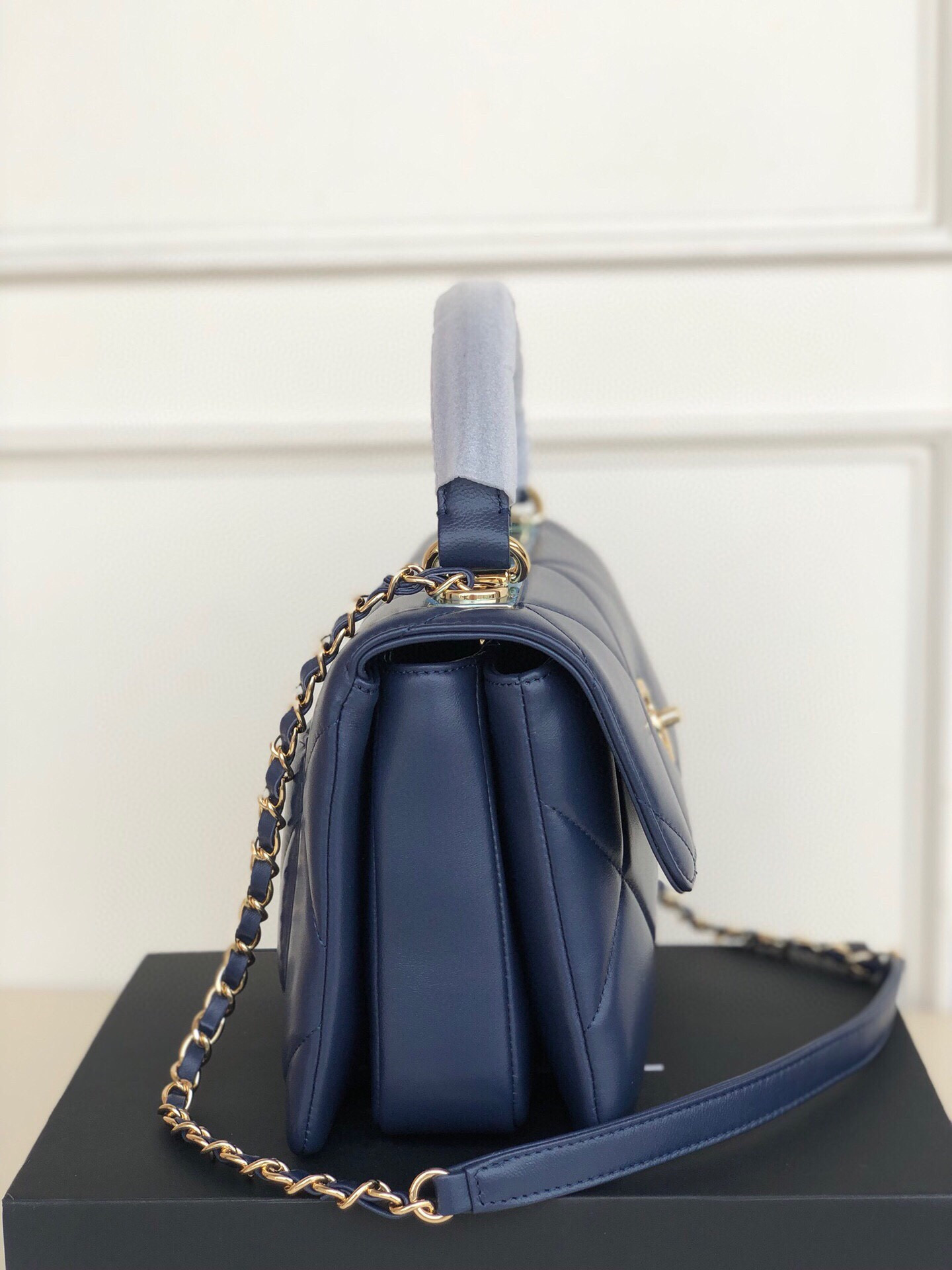 Ch*el flap bag with top handle 6.6 × 9.8 × 4.7 in