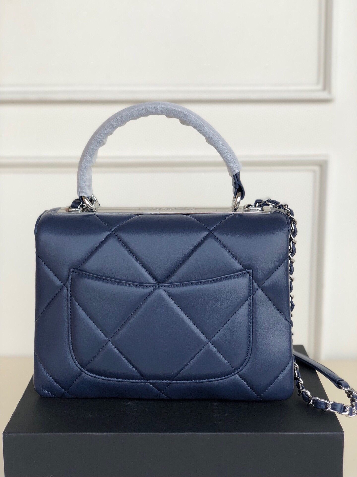 Ch*el flap bag with top handle 6.6 × 9.8 × 4.7 in