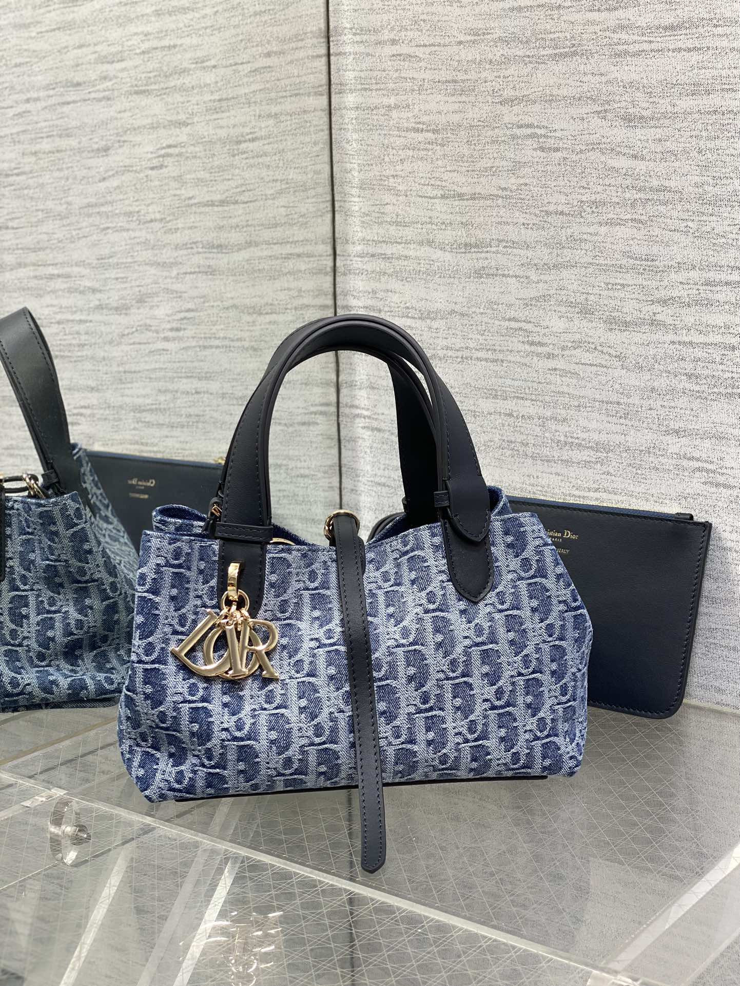 small D*or toujours bag  blue denim D*or oblique jacquard 23 x15 x15cm